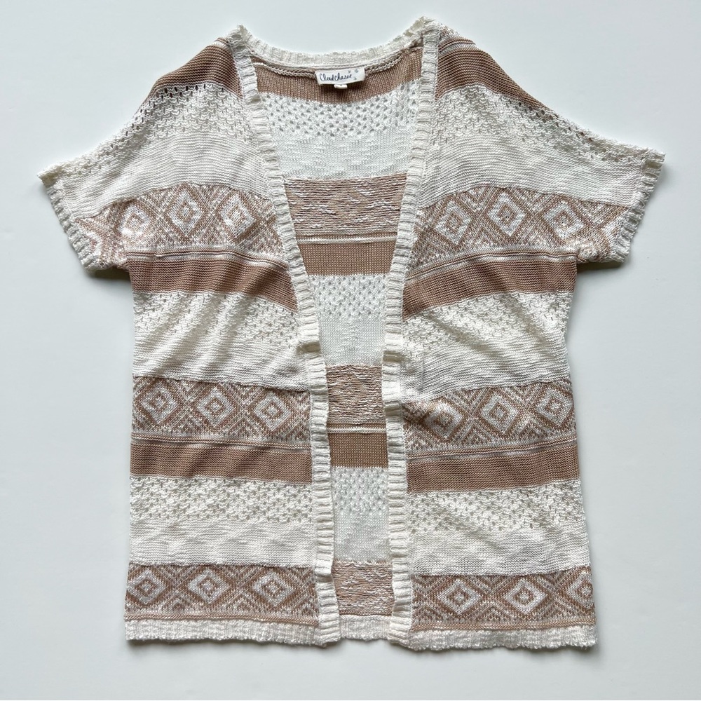 Cloud Chaser Tan and White Striped Aztec Tribal Open Front Cardigan, Small
